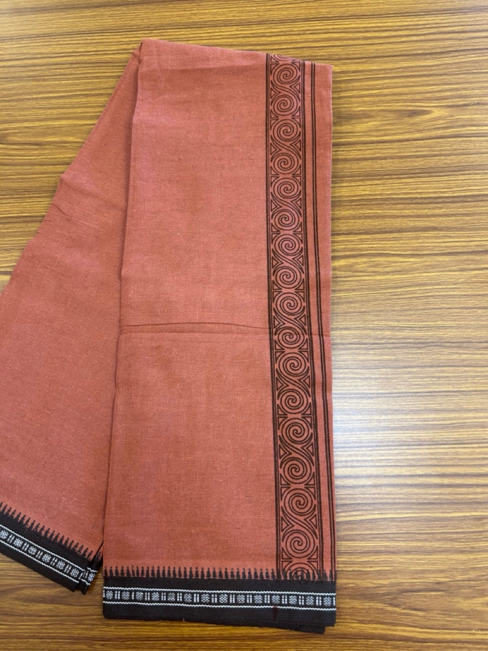 8% Discount!!! Kaitharikada Mixed Cotton Single KAVI - Kaily / Lungi - 3.25 inch Dark Brown Tribal Kuppadam Border (2 meter / 4 muzham) - 11KK8027 AS