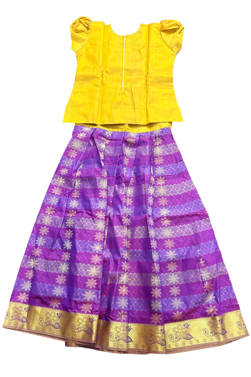 Midukki-Traditional South Indian Kids Pattu Pavada- Yellow tissue top Violet skirt with emboss work- Age 15&16 - KK15&16MID0011