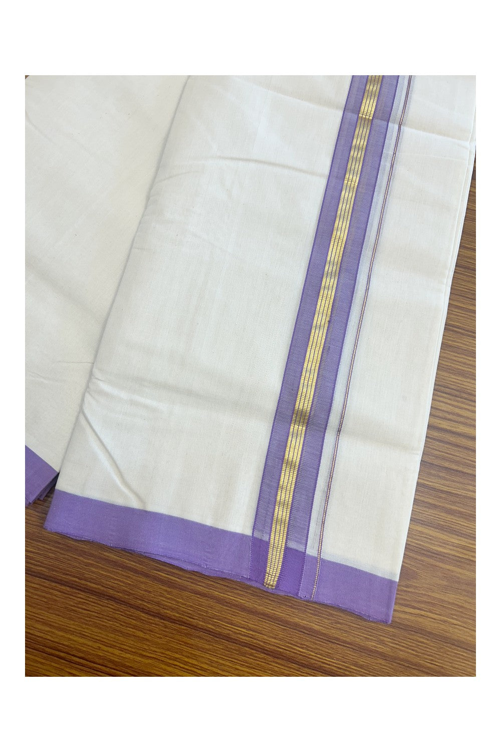 31% DISCOUNT!! KaithariKada HANDLOOM Millpaav Balaramapuram - 100% PURE Cotton OFF White Double - (Unbleached) Mundu/Dothi - 1.75 Inch Gold Kasav Violet kara - 11kk5153RAM