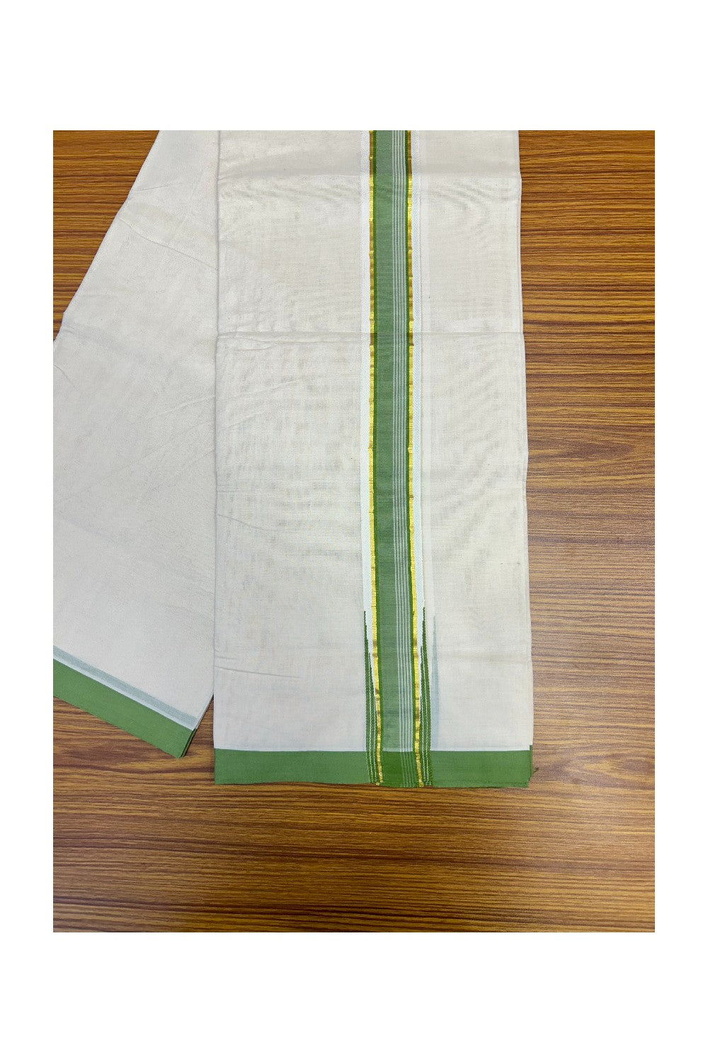 24% DISCOUNT ! KaithariKada 100% Cotton OFF WHITE (Unbleached) Double Dhoti/Mundu- 2inch Puliyilakkara GREEN & Kasavu Wings Chutty - 11KK414ASH