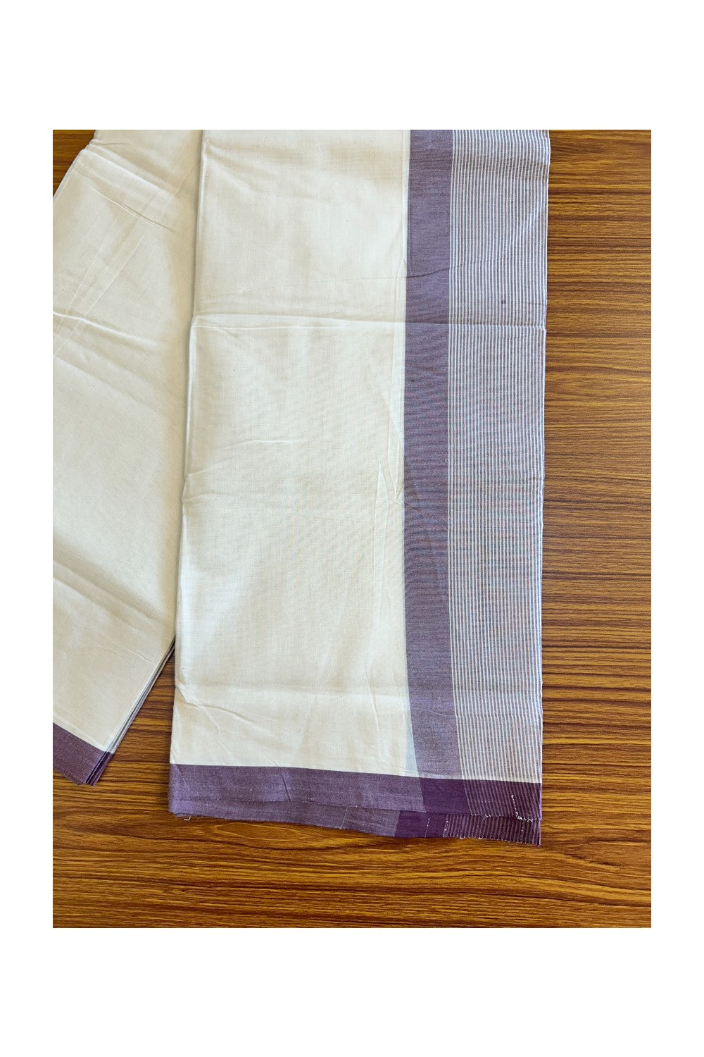 30% DISCOUNT! KaithariKada Balaramapuram 100% Cotton  Off white (Unbleached) Double Mundu/Dhoti-100x100 Wine purple Stripes Kara- 11KK429ASH