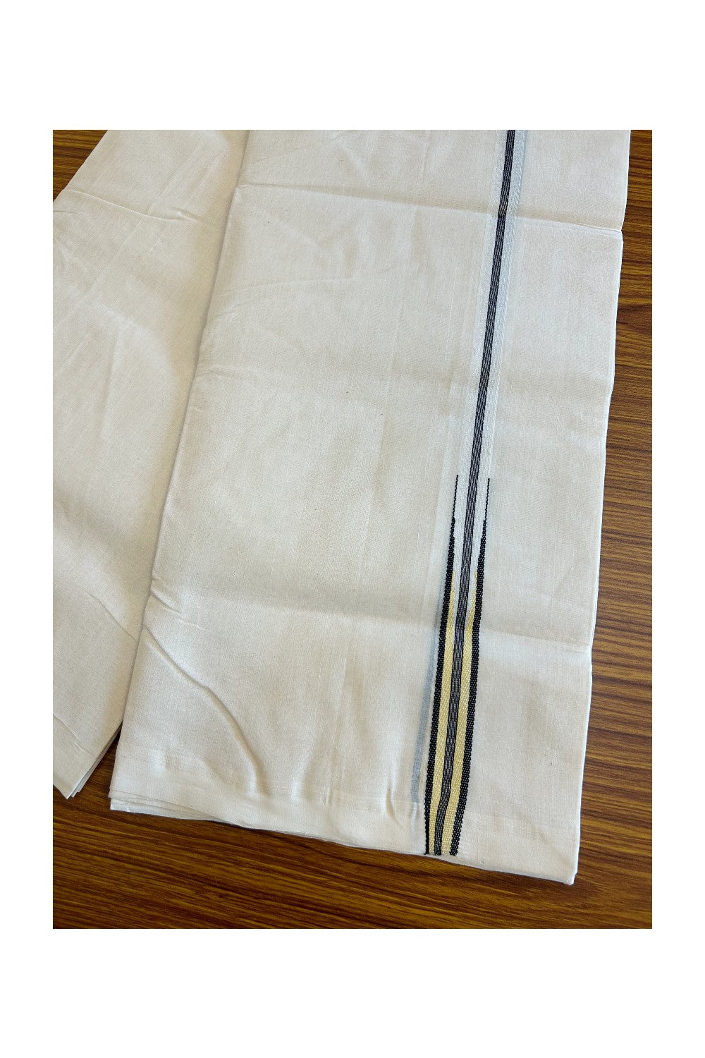 30% DISCOUNT!! KaithariKada HANDLOOM Millpaav Balaramapuram - 100% PURE Cotton OFF White Double - (Unbleached)Mundu/Dothi - 0.75 inch Puliyilakkara silver kasavu Black stripes with Black & Sand Brown chutty - 11KK5011RAM