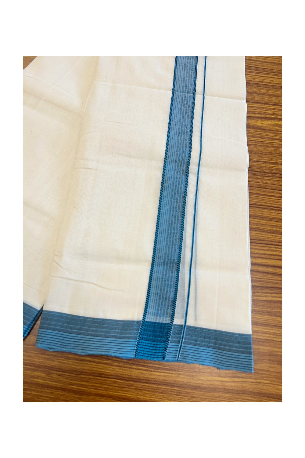 25% DISCOUNT!! KaithariKada HANDLOOM UNAKKUPAAV Balaramapuram - 100% PURE Cotton OFF White Double - (Unbleached) Mundu/Dothi - 1.75 inch Black & Blue Kara 3.82 meters - 11KK5049REA