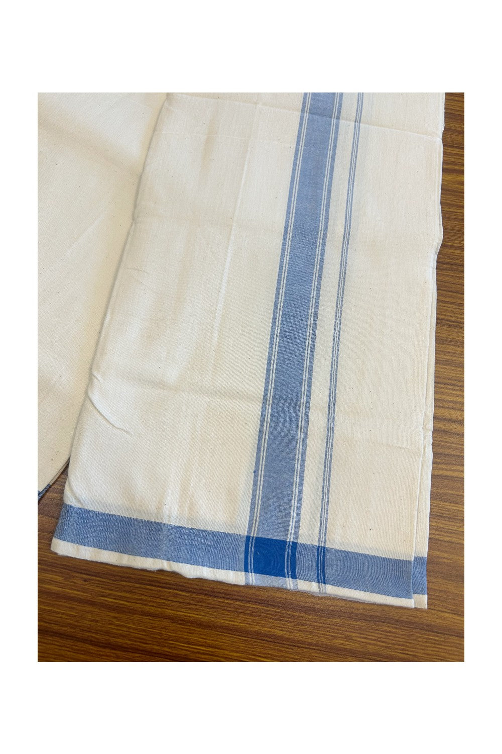 30% Discount KaithariKada 100% Cotton Balaramapuram HANDLOOM Single Mundu/Dhoti - Off White (Unbleached) 2inch(2 meter / 4 muzham) Blue Kara-305