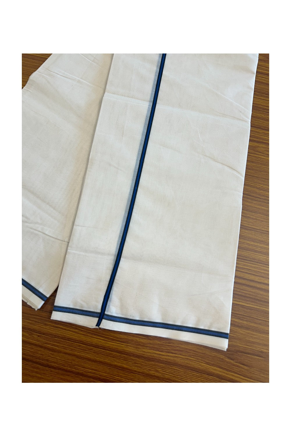 20% Discount !! KaithariKada Balaramapuram 100% Cotton Double off white - (Unbleached) Mundu/Dhoti - 100X100 0.25inch Deep Blue & Black Kara - 11KK5055ASH