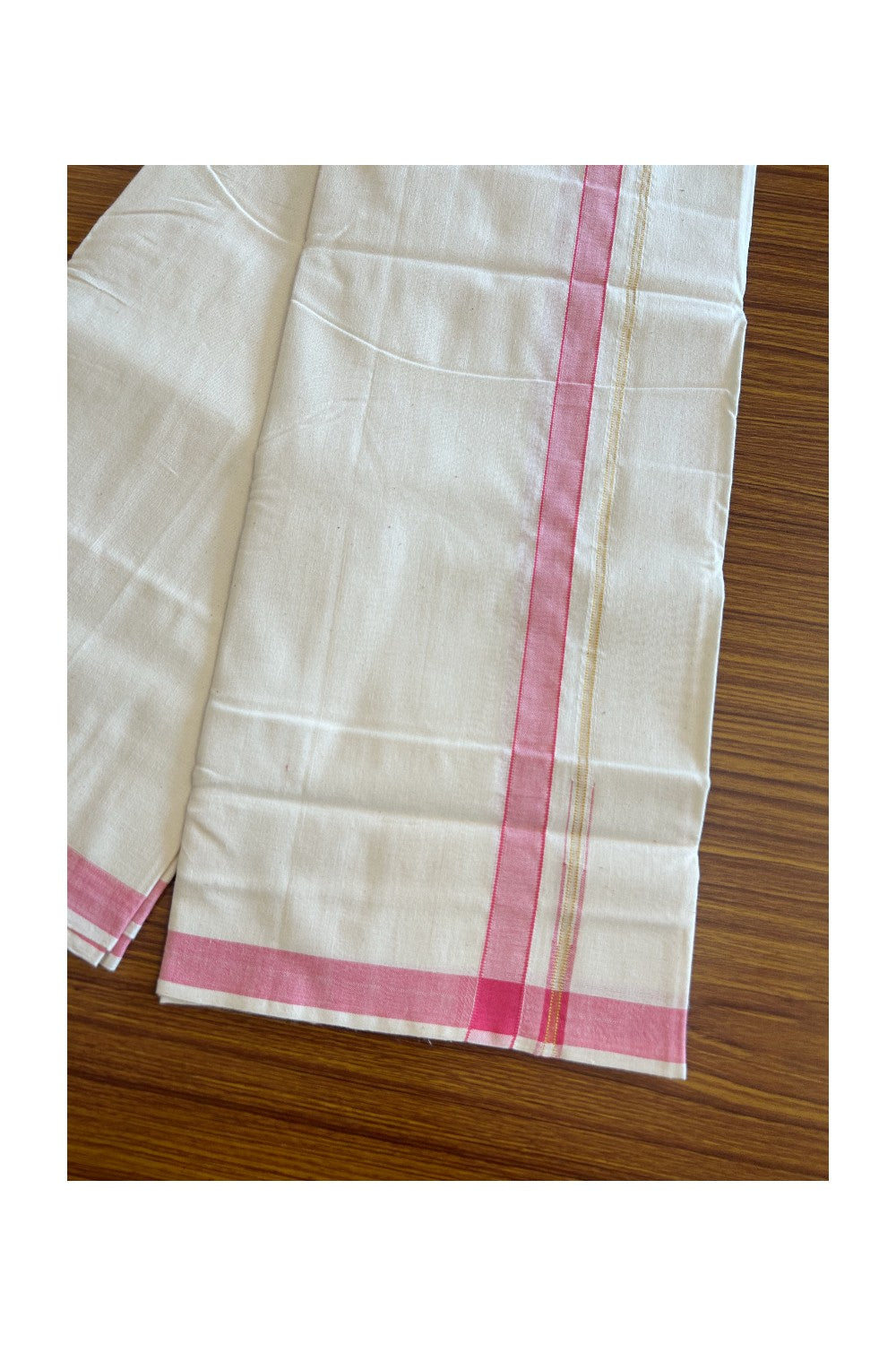 30% Discount ! KaithariKada 100% Cotton Balaramapuram HANDLOOM Single Mundu/Dhoti - Off White (Unbleached)  1.Inch (2 meter / 4 muzham) Pink & Stripes Kasavu Puliyilakkara Chutty- KK32KAI