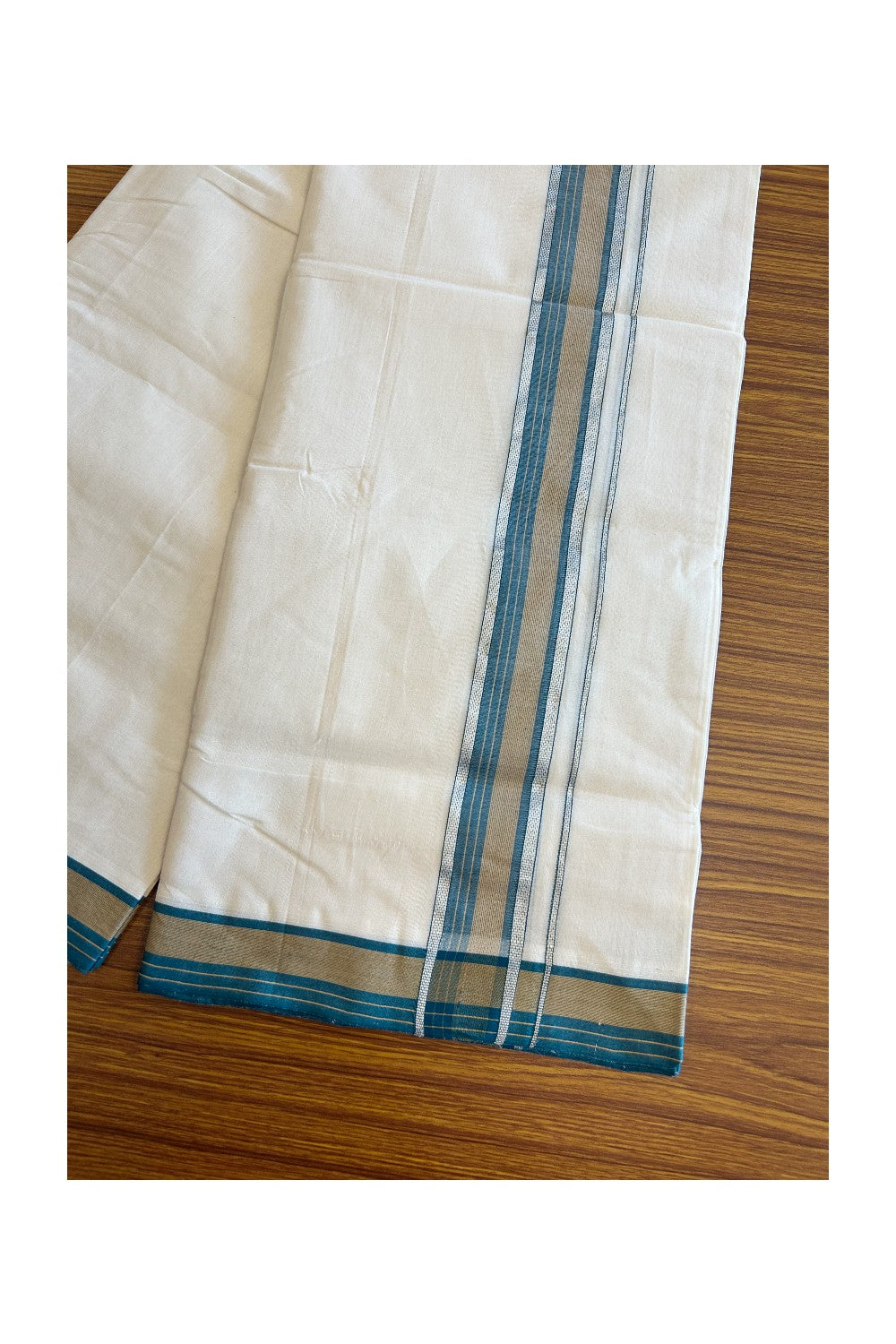 25% Discount !! KaithariKada HANDLOOM UNAKKUPAAV Balaramapuram - 100% PURE Cotton off white - (Unbleached) Double Mundu/Dhoti - 2.25 inch Silver kasavu Brown & Peacock Green Striped kara - 11KK5082RAM