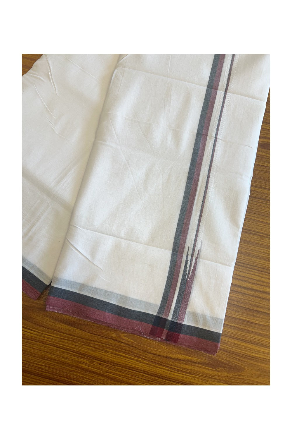 DMK Veshti - 25% Discount !! KaithariKada Balaramapuram Double PURE WHITE Mundu/Dhoti - 100X100 - 0.75 inch Puliyilakkara Maroon & Black Chutty Kara  - 9KK5127ASH