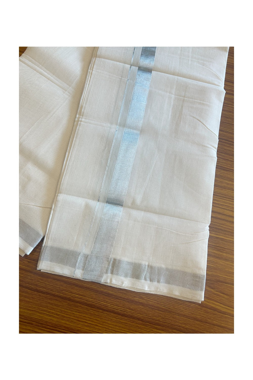 30% DISCOUNT! KaithariKada HANDLOOM unakkupaav Balaramapuram - 100% PURE Cotton Off White (Unbleached) Double Mundu/Dhoti - 1.25 inch Silver Kasav Kara - 11KK2018YAR