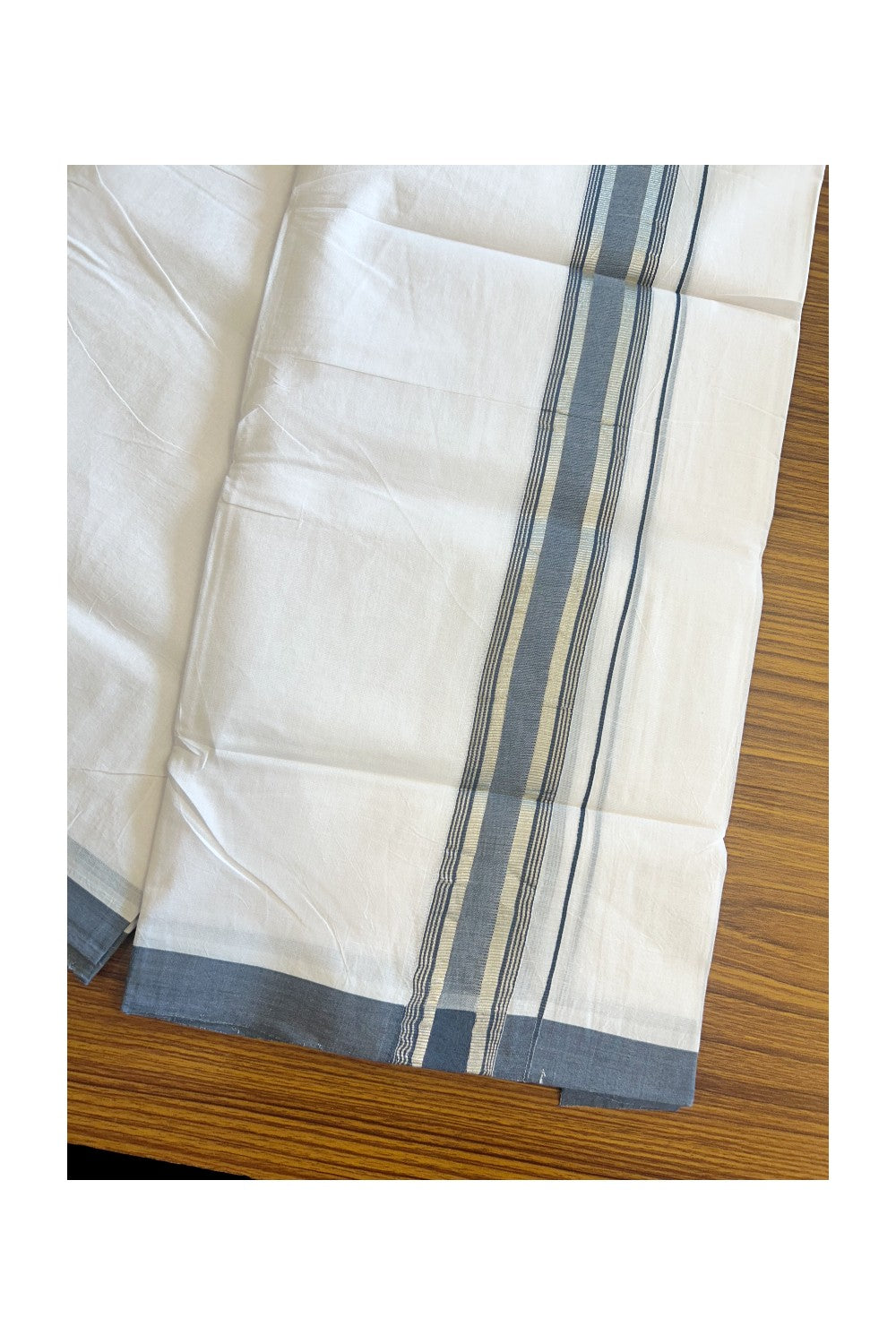 30% Discount KaithariKada HANDLOOM Unakkupaav Balaramapuram - 100% PURE Cotton PURE WHITE - 100x100 Double Mundu/Dhoti - 1.5 inch Ash Blue & Silver Kasavu Shaded Kara - 11KK5129YAR