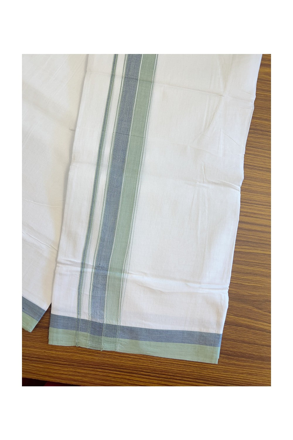 28% DISCOUNT! KaithariKada Balaramapuram 100% Cotton PURE WHITE Double Mundu/Dhoti - 100x80 - 1.75 inch Pista Green & Blue shaded designer kara - 11KK5134THI