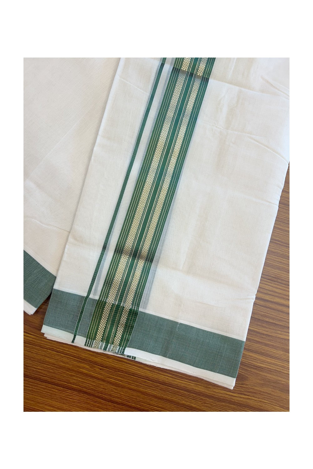 27% DISCOUNT!! KaithariKada HANDLOOM millpaav Balaramapuram - 100% PURE Cotton OFF White - (Unbleached) Double Mundu/Dothi - 2 inch Green colour kasavu  & Gold Kasavu Striped kara - 4KK5162RAM