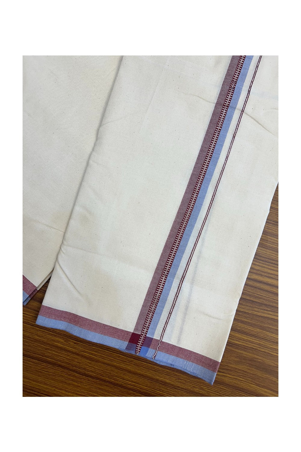 30%DISCOUNT!! SIGNATURE KAITHARIKADA EXCLUSIVE SINGLE DHOTI - 100% Cotton Balaramapuram HANDLOOM Single Mundu/Dhoti - Off White - (Unbleached) 1 inch Maroon Lavender & Silver Kasavu Striped Kara (2 meter / 4 muzham)- 11KK5173KAI