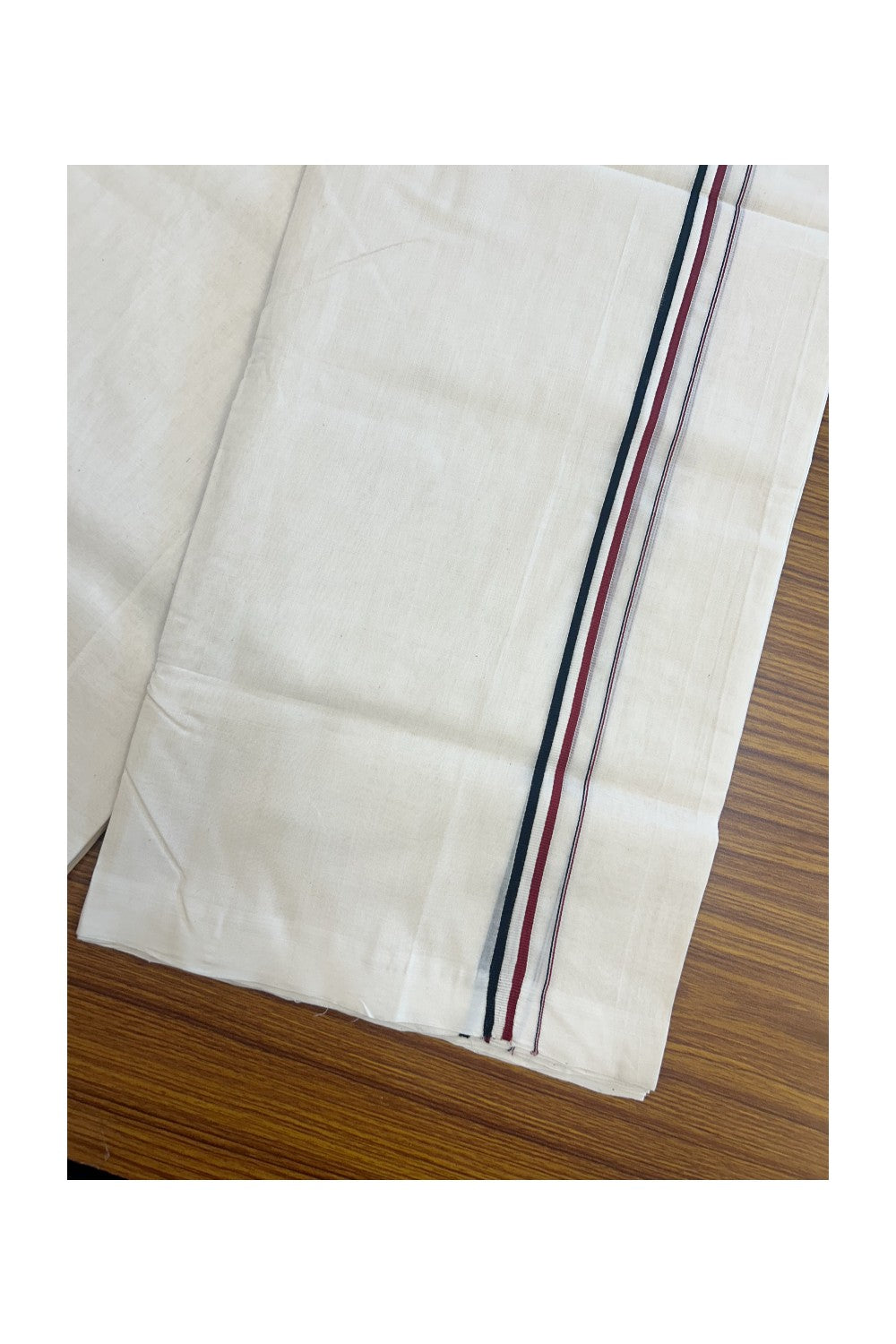 ADMK VESHTI - 25% DISCOUNT!! KaithariKada HANDLOOM UNAKKUPAAV Balaramapuram - 100% PURE Cotton OFF White Double - (Unbleached) Mundu/Dothi - 100x100 - 0.5 inch Black White & Maroon kara - 10KK5177RAM