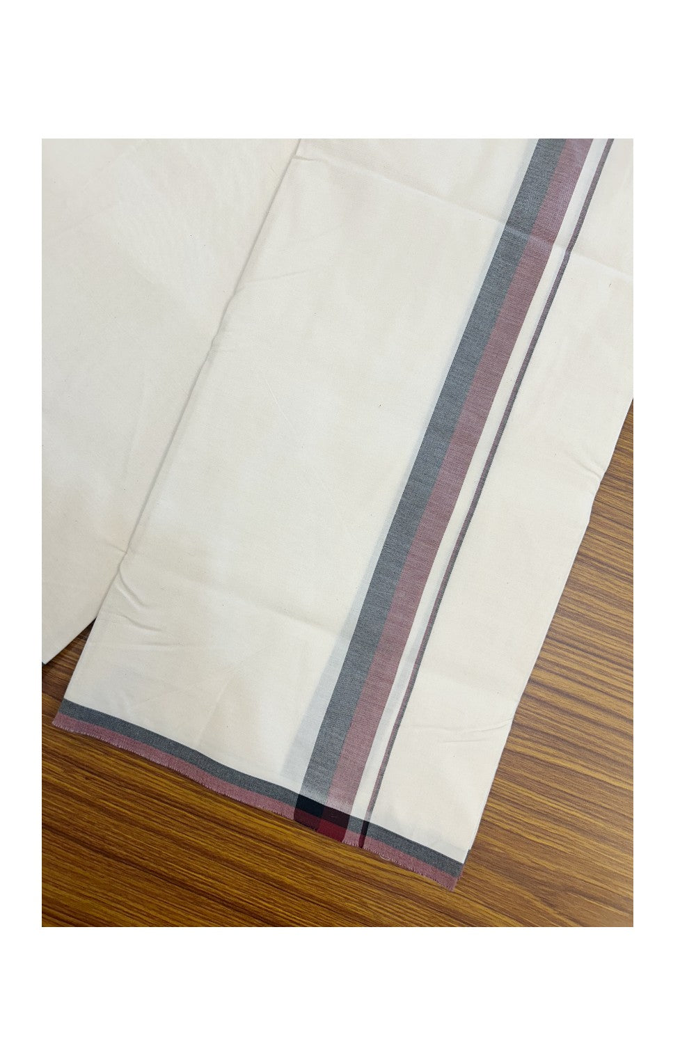 DMK Veshti - 10% DISCOUNT ! KaithariKada Balaramapuram 100% COTTON SINGLE OFF WHITE (Unbleached) Mundu/Dhoti-100X100 - 1.25 inch Puliyilakkara Maroon & Black Shaded Kara (2 meter / 4 muzham) - 11KK5178ASH