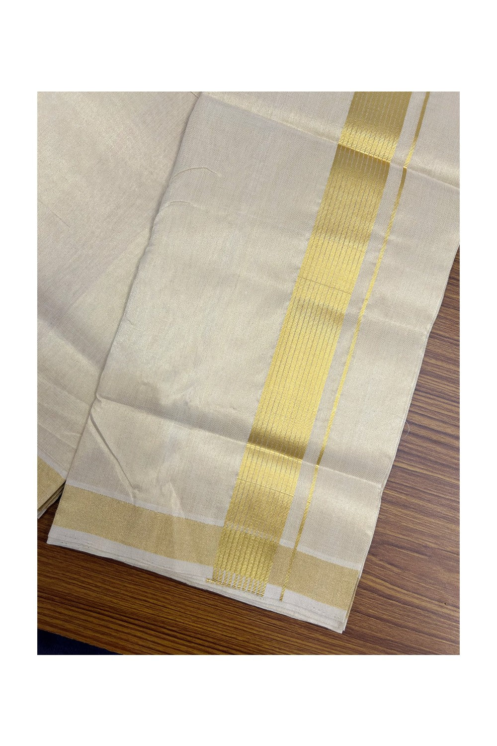 25% DISCOUNT! KaithariKada HANDLOOM UNAKKUPAAV Balaramapuram - 100% PURE Cotton Off White (Unbleached) - Double Mundu/Dhoti - 2 inch Gold striped Kasavu Tissue Body - 11KK5190ABH
