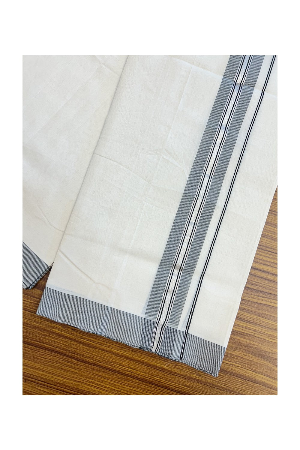 25% DISCOUNT!! KaithariKada HANDLOOM UNAKKUPAAV Balaramapuram - 100% PURE Cotton OFF White Double - (Unbleached)- Mundu/Dothi - 80X100 - 1.75 inch Black & Silver Kasavu Striped Kara - 11KK5209 REA