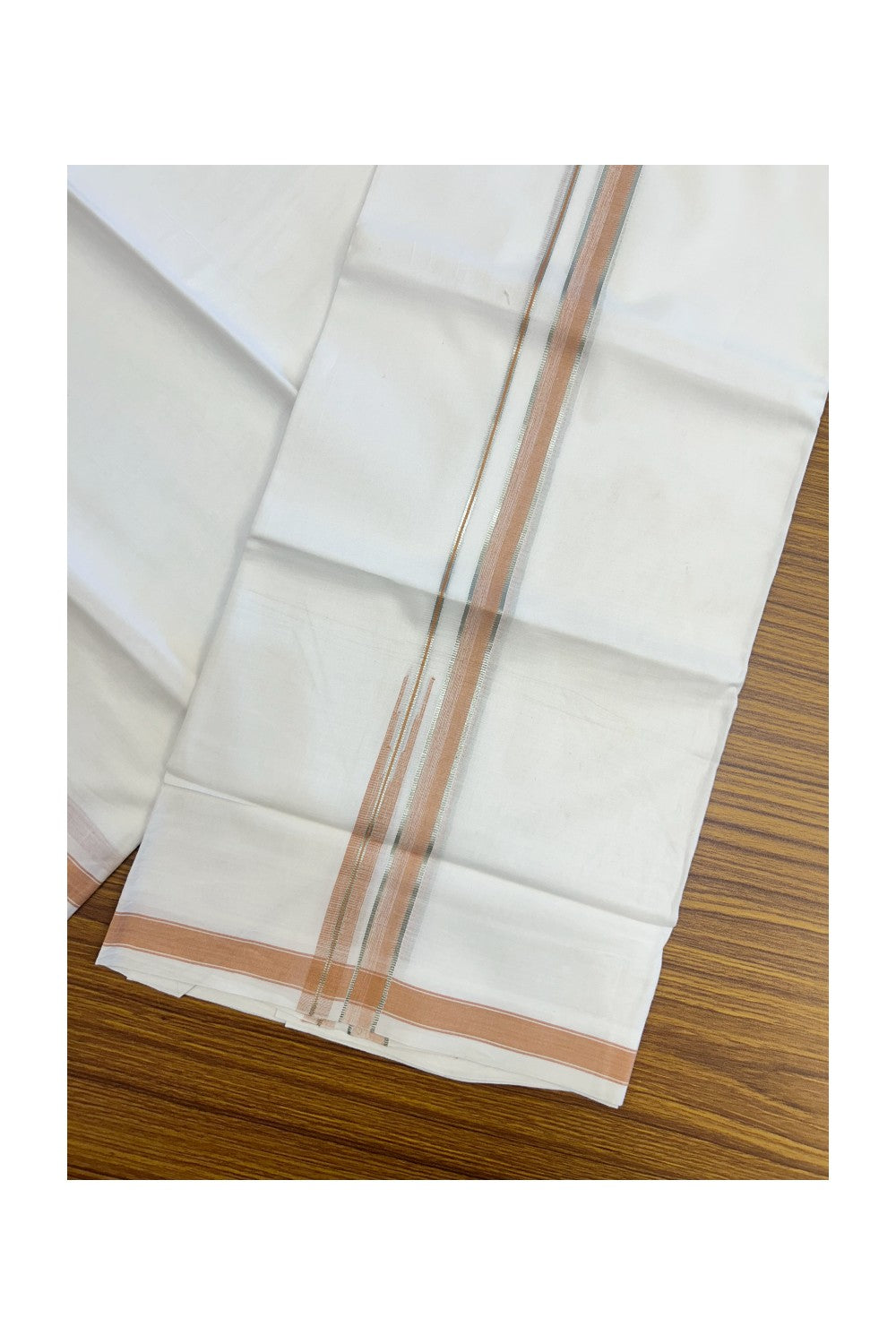 20% DISCOUNT!! Kaitharikada Balaramapuram 100% Pure Cotton PURE WHITE Double Mundu/Dothi - 100x80 - 0.75 Inch Pastel Orange & Silver shaded side Stipes Puliyilakkara Chutty - 11KK5217 CKS