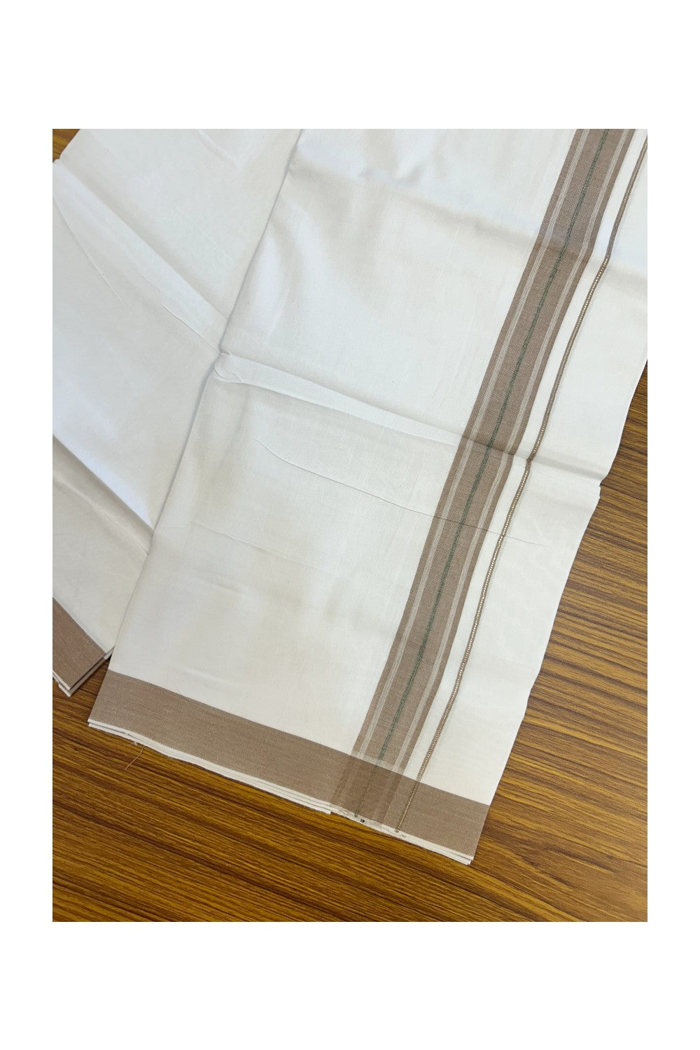 24% Discount !! KaithariKada Balaramapuram 100% Cotton Pure white Single Mundu/Dhoti - Twisted 60s Thread- 1.25 inch Silver Kasavu Pastel Brown & Green Shaded Striped Kara (2 meter / 4 muzham) - 11KK5241 GL