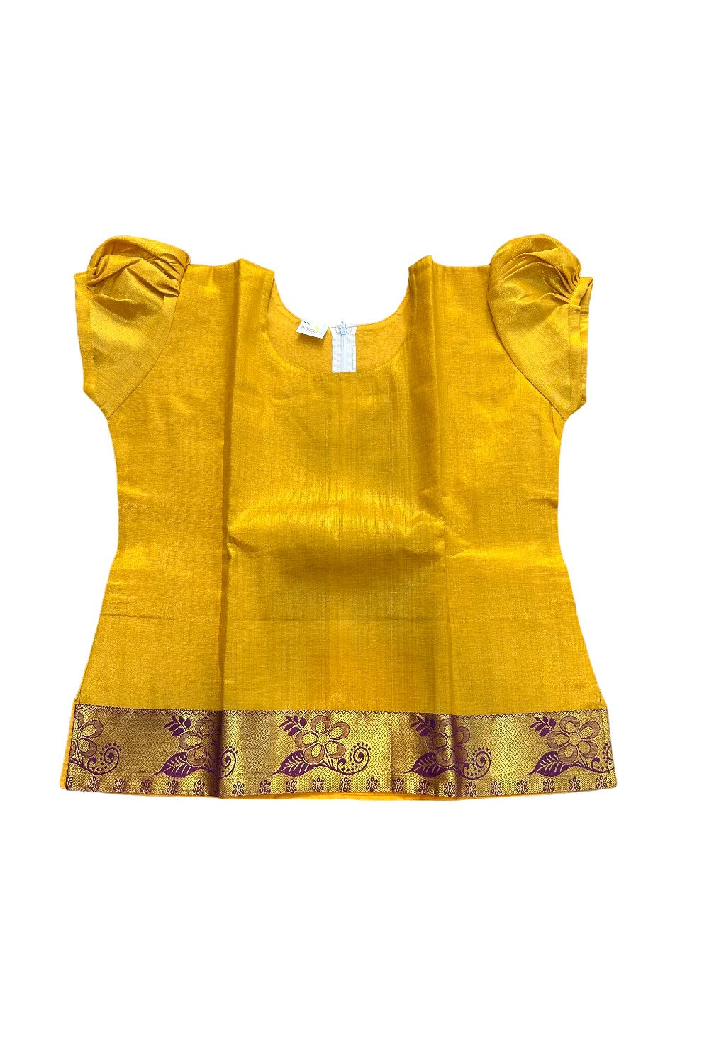 Midukki-Traditional South Indian Kids Pattu Pavada- Yellow tissue top Violet skirt with emboss work- Age 15&16 - KK15&16MID0011