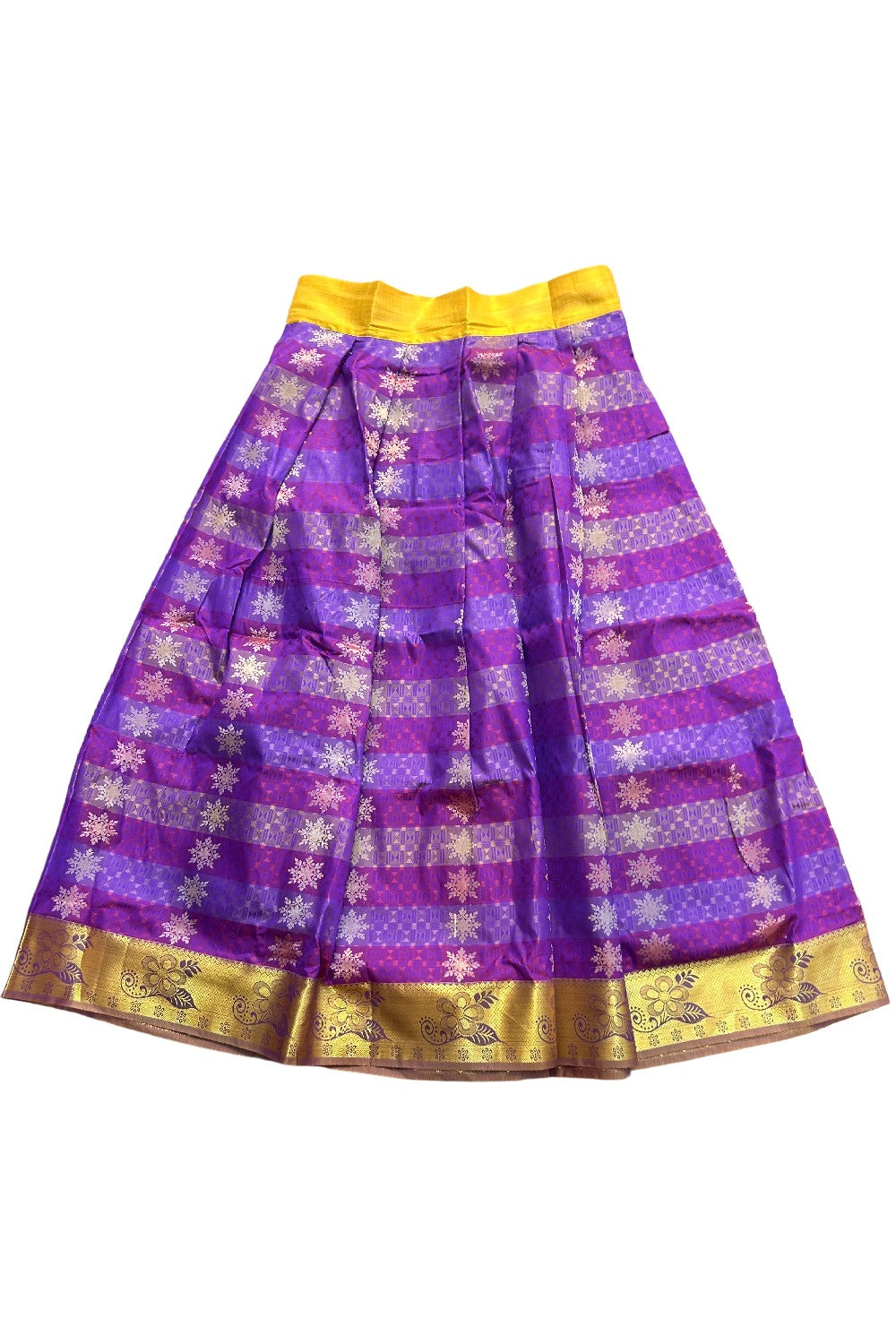 Midukki-Traditional South Indian Kids Pattu Pavada- Yellow tissue top Violet skirt with emboss work- Age 15&16 - KK15&16MID0011