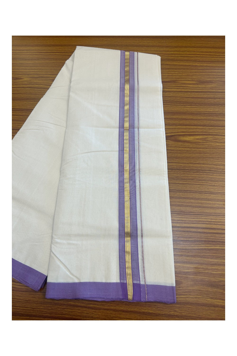 31% DISCOUNT!! KaithariKada HANDLOOM Millpaav Balaramapuram - 100% PURE Cotton OFF White Double - (Unbleached) Mundu/Dothi - 1.75 Inch Gold Kasav Violet kara - 11kk5153RAM
