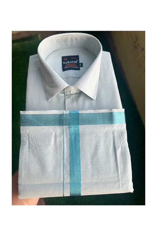 NEW! Kaitharikada Special - Art Silk Men's Shirt & Dhoti Set - Light Blue Shaded Full Sleeve shirt and Light Blue & Shaded Dhothi with Light Blue Kasavu Kara - 11KK6003SAR