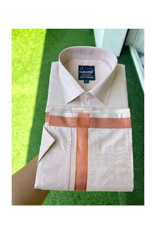 NEW! Kaitharikada Special - Art Silk Men's Shirt & Dhoti Set - Copper Kasavu Shaded Half Sleeve shirt and Copper kasavu Shaded Dhothi with Copper Kasavu Kara - 11KK6004SAR.