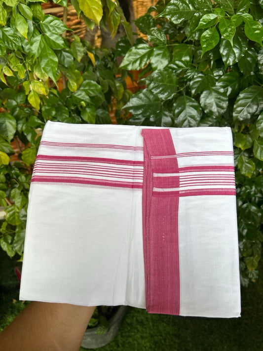 Pure White Double 20% Discount! KaithariKada 100% Cotton Pure Cotton Double Mundu / Dhoti - 100x80 - 1.5 inch Magenta White Stripes Shaded Kara 3.80 meter (8 muzham) - 110 KK5220 THI