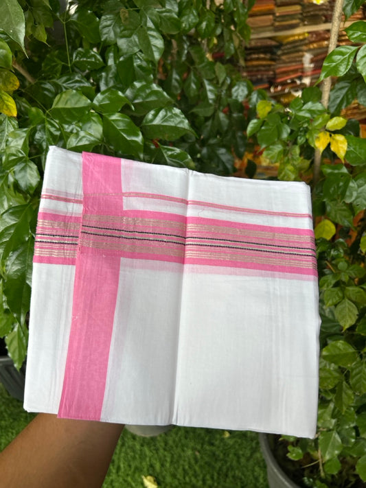 Pure White Double 20% Discount! KaithariKada 100% Cotton Pure Cotton Double Mundu / Dhoti - 100x80 - 1.5 inch Magenta Black Silver Kasav Stripes Shaded Kara 3.80 meter (8 muzham) - 111 KK5220 THI