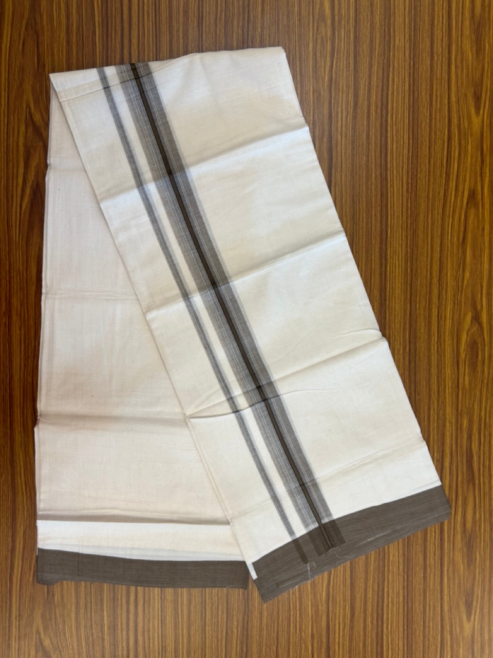 20% Discount! KaithariKada Balaramapuram 100% Cotton Off white Double Mundu/Dhoti - (100x80)S - 1.5 inch Brown Striped Kara - 4mtr (8.5muzham) - 111 KK5255 VAS