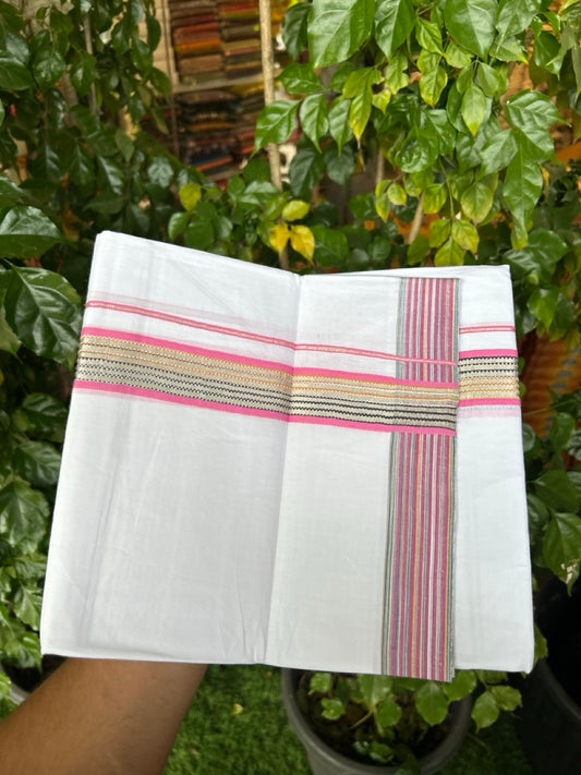 Pure White Double 20% Discount! KaithariKada 100% Cotton Pure Cotton Double Mundu / Dhoti - 100x80 - 1.5 inch Pink Navy Yellow Silver Kasav Stripes Kara 3.80 meter (8 muzham) - 112 KK5220 THI