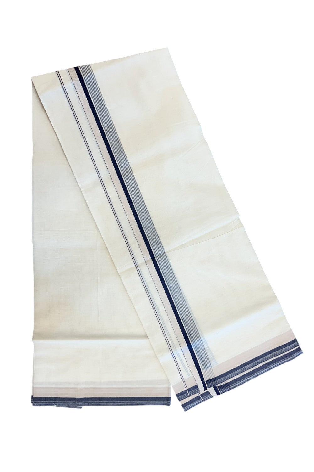 20% DISCOUNT! KaithariKada Balaramapuram 100% Cotton Double OFF WHITE (unbleached) Mundu/Dhoti- 100x80- 1.5 inch Silver Kasavu Navy Blue & Cream Stripes Shaded Kara 4 mtr (8.5 muzham) - 97KK5227 PMC