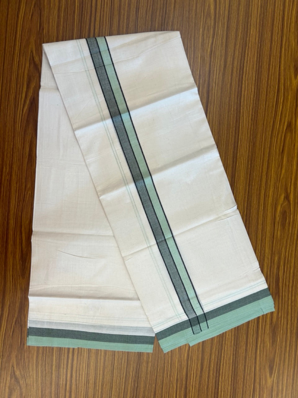20% Discount! KaithariKada Balaramapuram 100% Cotton Off white Double Mundu/Dhoti - (100x80)S - 1.5 inch Black Green Striped Kara - 4mtr (8.5muzham) - 112 KK5255 VAS