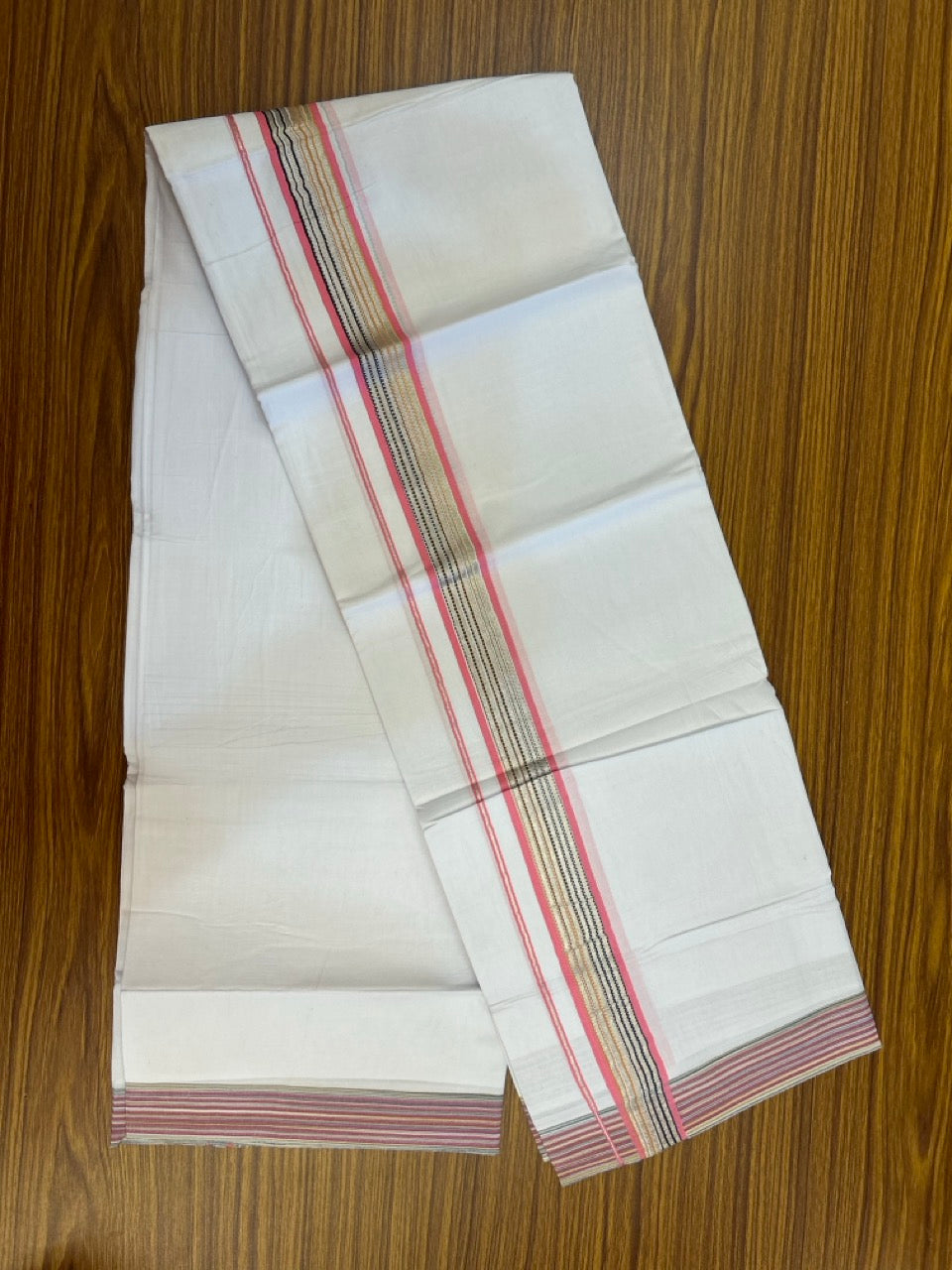 Pure White Double 20% Discount! KaithariKada 100% Cotton Pure Cotton Double Mundu / Dhoti - 100x80 - 1.5 inch Pink Navy Yellow Silver Kasav Stripes Kara 3.80 meter (8 muzham) - 112 KK5220 THI