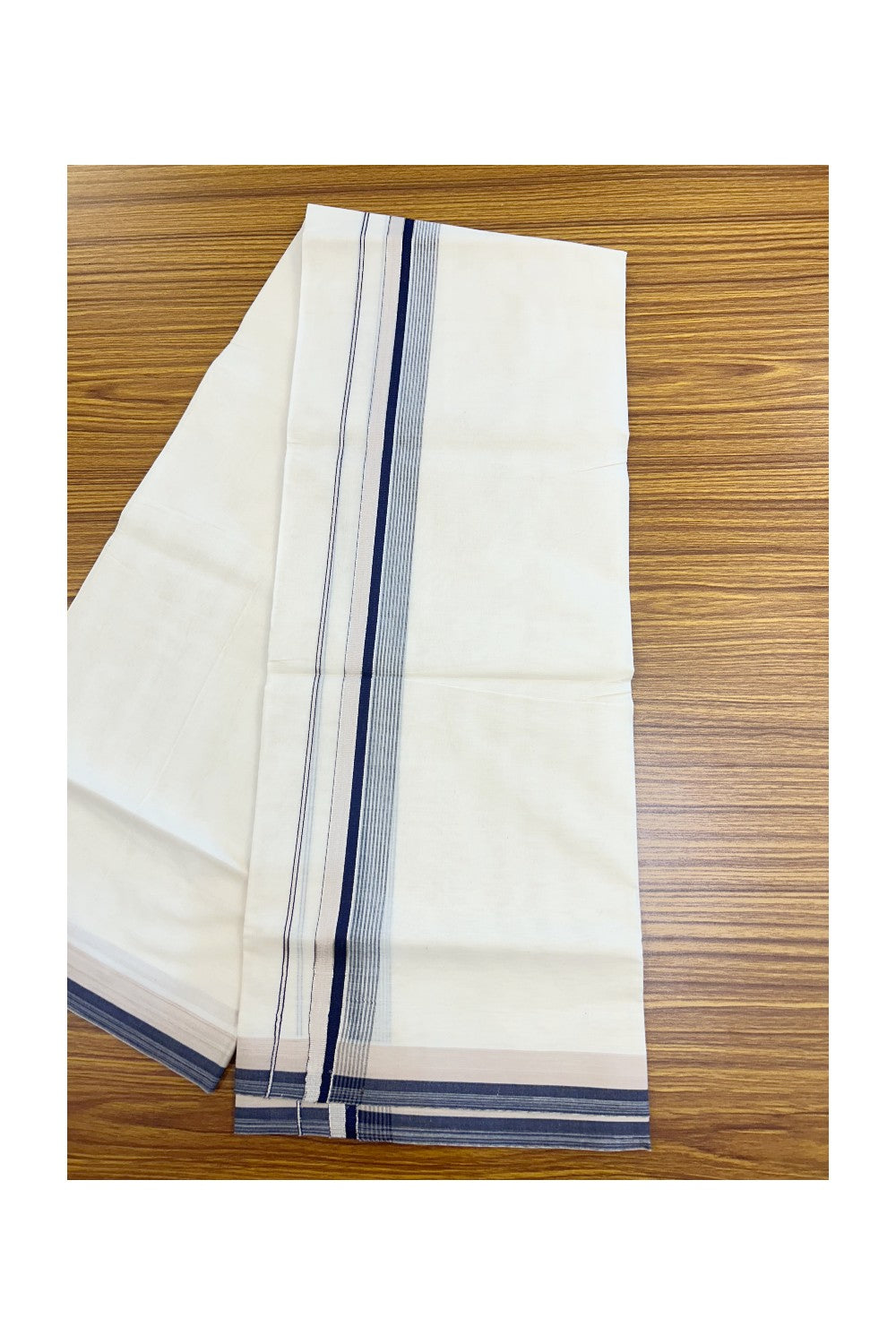 20% DISCOUNT! KaithariKada Balaramapuram 100% Cotton Double OFF WHITE (unbleached) Mundu/Dhoti- 100x80- 1.5 inch Silver Kasavu Navy Blue & Cream Stripes Shaded Kara 4 mtr (8.5 muzham) - 97KK5227 PMC