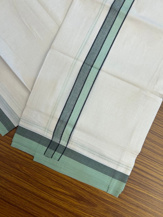 20% Discount! KaithariKada Balaramapuram 100% Cotton Off white Double Mundu/Dhoti - (100x80)S - 1.5 inch Black Green Striped Kara - 4mtr (8.5muzham) - 112 KK5255 VAS