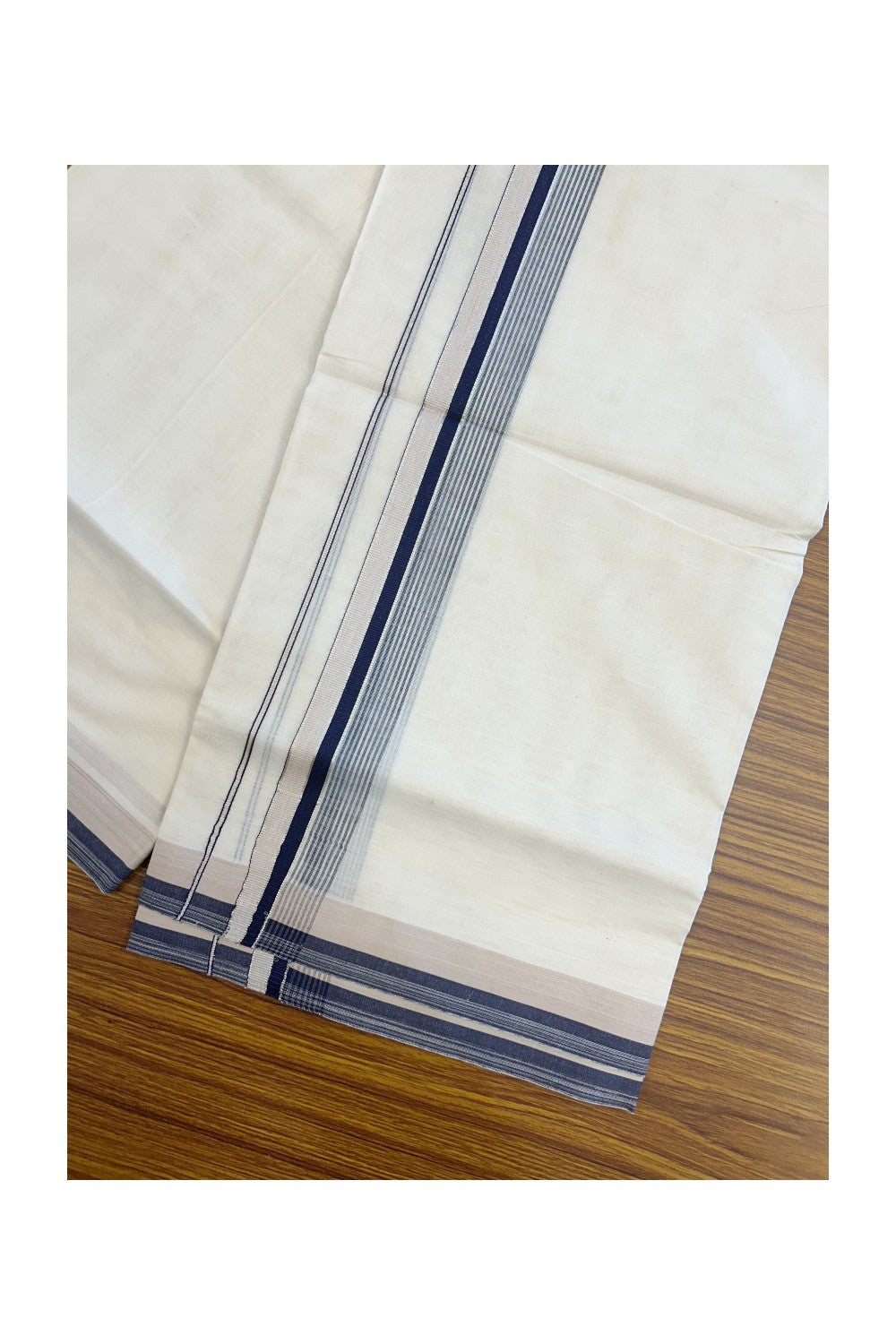 20% DISCOUNT! KaithariKada Balaramapuram 100% Cotton Double OFF WHITE (unbleached) Mundu/Dhoti- 100x80- 1.5 inch Silver Kasavu Navy Blue & Cream Stripes Shaded Kara 4 mtr (8.5 muzham) - 97KK5227 PMC