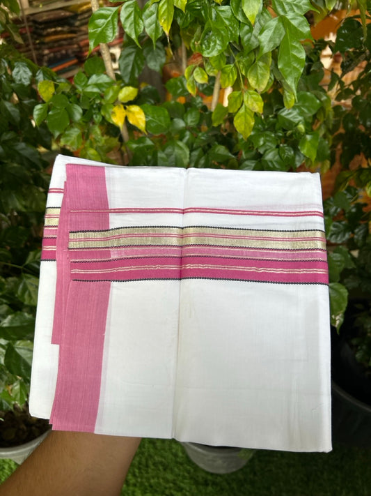Pure White Double 20% Discount! KaithariKada 100% Cotton Pure Cotton Double Mundu / Dhoti - 100x80 - 2 inch Magenta Pink Black Silver Kasav Stripes Kara 3.80 meter (8 muzham) - 113 KK5220 THI