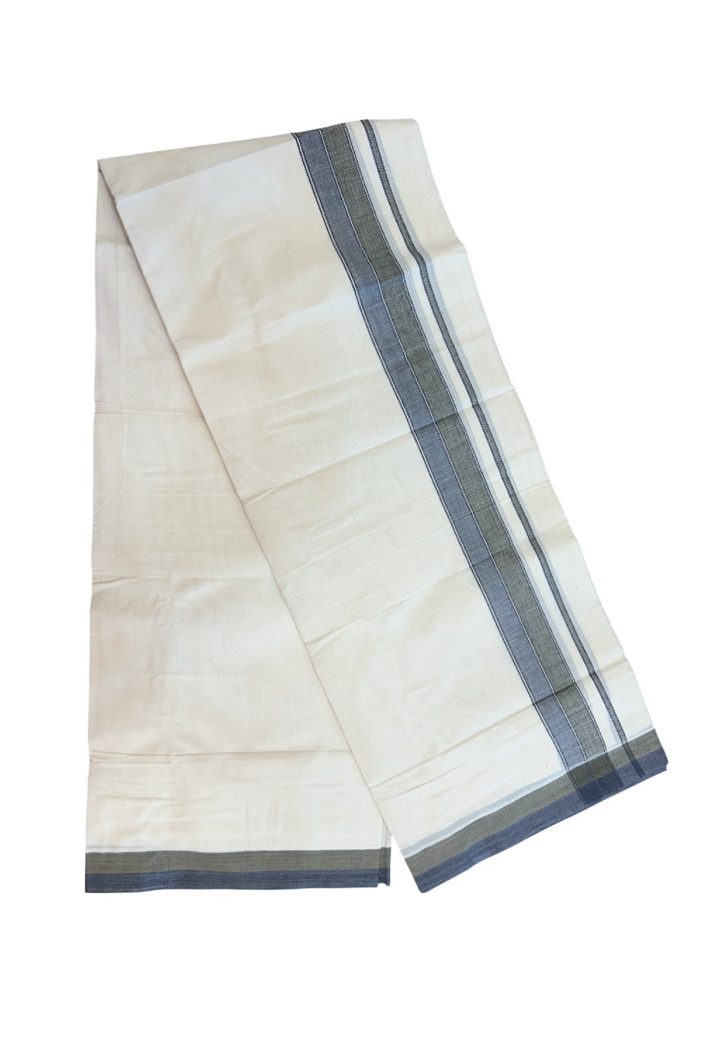 20% DISCOUNT! KaithariKada Balaramapuram 100% Cotton OFF WHITE Double (Unbleached) Mundu/Dhoti-100x80 1.75 inch Dark Purple Blue & Olive Green shaded designer kara 4 mtr (8.5 muzham) - 113KK5220 THI