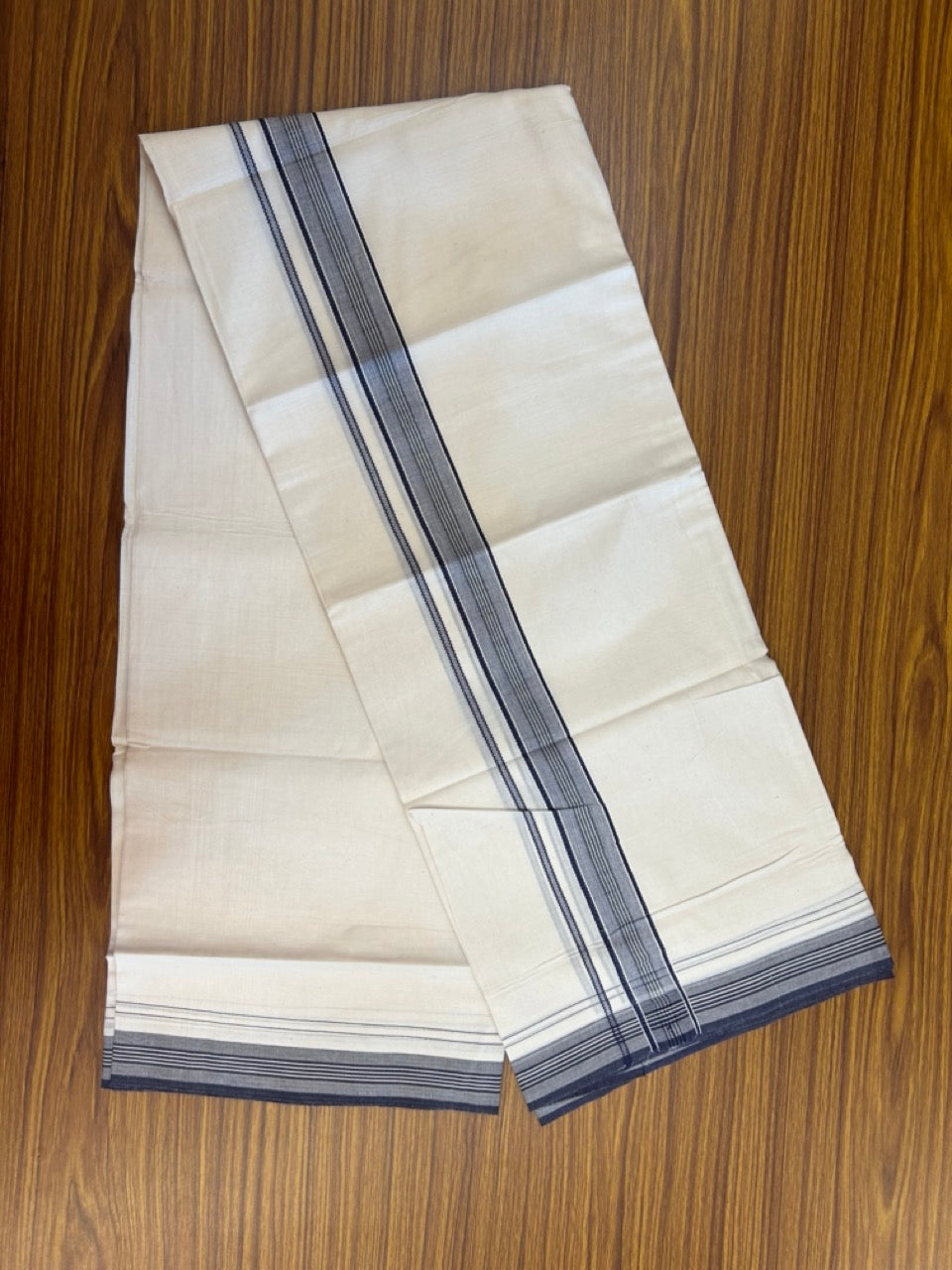 20% Discount! KaithariKada Balaramapuram 100% Cotton Off white Double Mundu/Dhoti - (100x80)S - 1.5 inch Navy Blue Striped Kara - 4mtr (8.5muzham) - 113 KK5255 VAS
