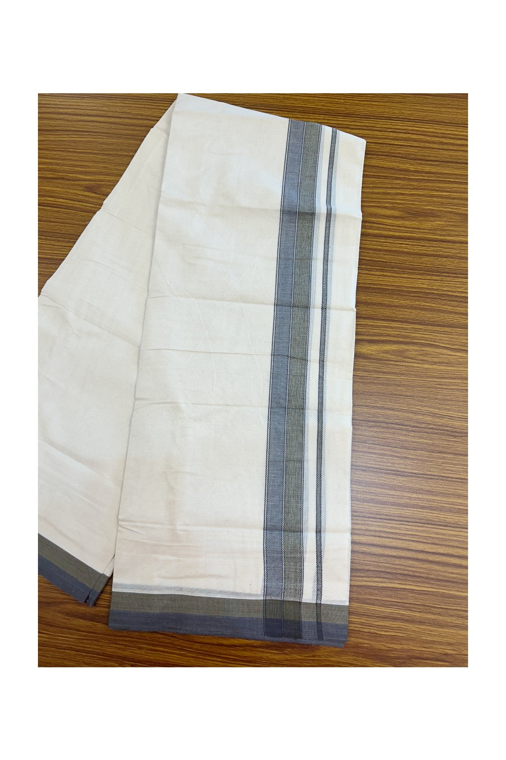 20% DISCOUNT! KaithariKada Balaramapuram 100% Cotton OFF WHITE Double (Unbleached) Mundu/Dhoti-100x80 1.75 inch Dark Purple Blue & Olive Green shaded designer kara 4 mtr (8.5 muzham) - 113KK5220 THI