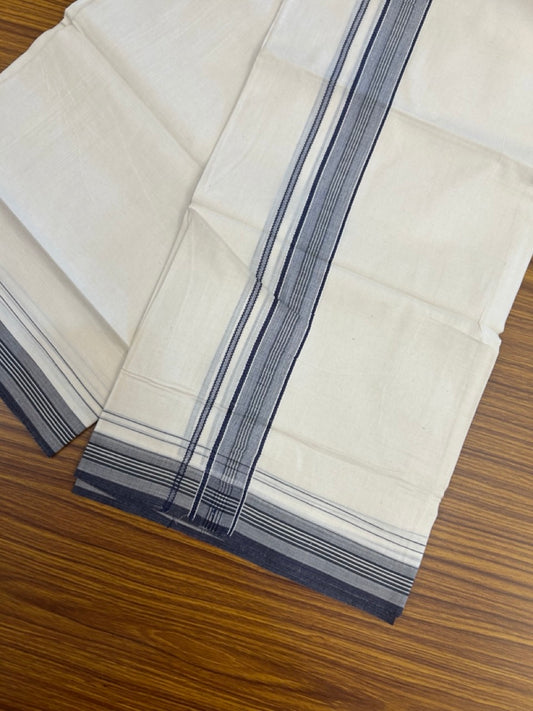 20% Discount! KaithariKada Balaramapuram 100% Cotton Off white Double Mundu/Dhoti - (100x80)S - 1.5 inch Navy Blue Striped Kara - 4mtr (8.5muzham) - 113 KK5255 VAS