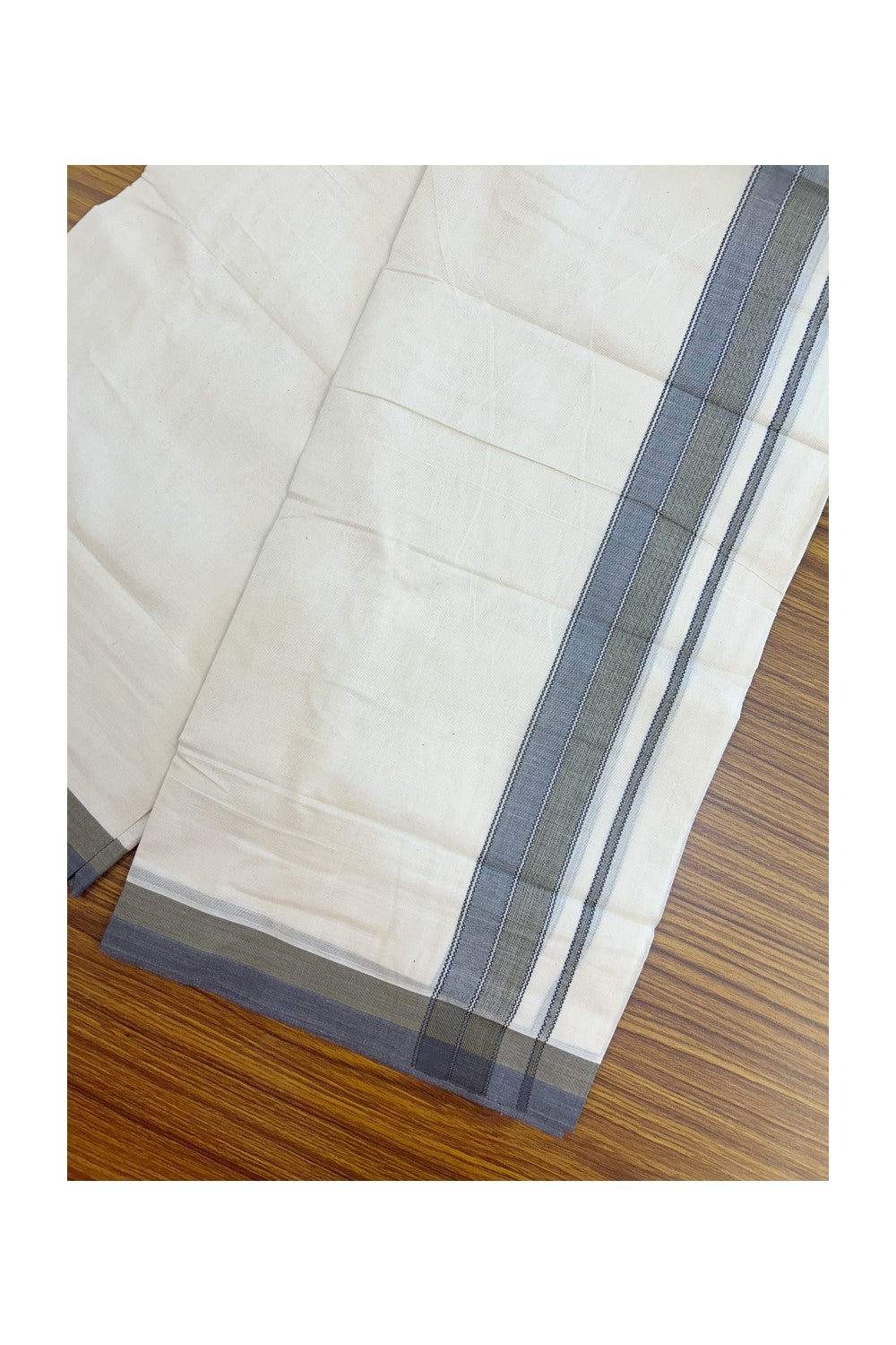 20% DISCOUNT! KaithariKada Balaramapuram 100% Cotton OFF WHITE Double (Unbleached) Mundu/Dhoti-100x80 1.75 inch Dark Purple Blue & Olive Green shaded designer kara 4 mtr (8.5 muzham) - 113KK5220 THI