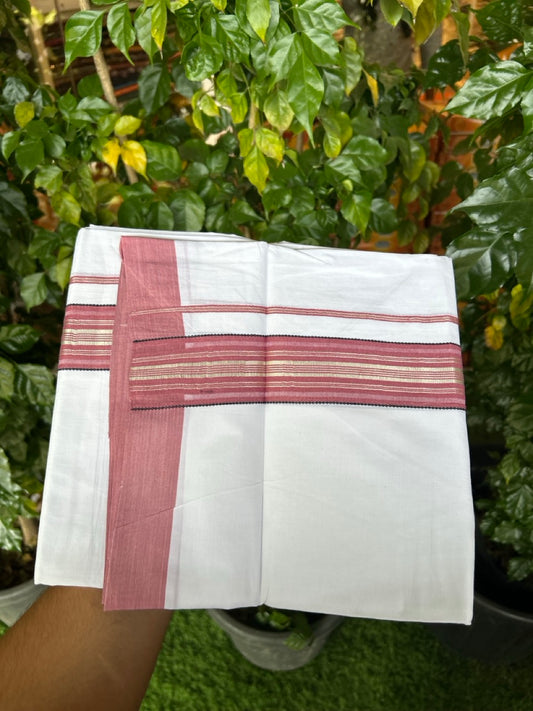 Pure White Double 20% Discount! KaithariKada 100% Cotton Pure Cotton Double Mundu / Dhoti - 100x80 - 1.75 inch Magenta Pink Black Silver Kasav Stripes Kara 3.80 meter (8 muzham) - 114 KK5220 THI