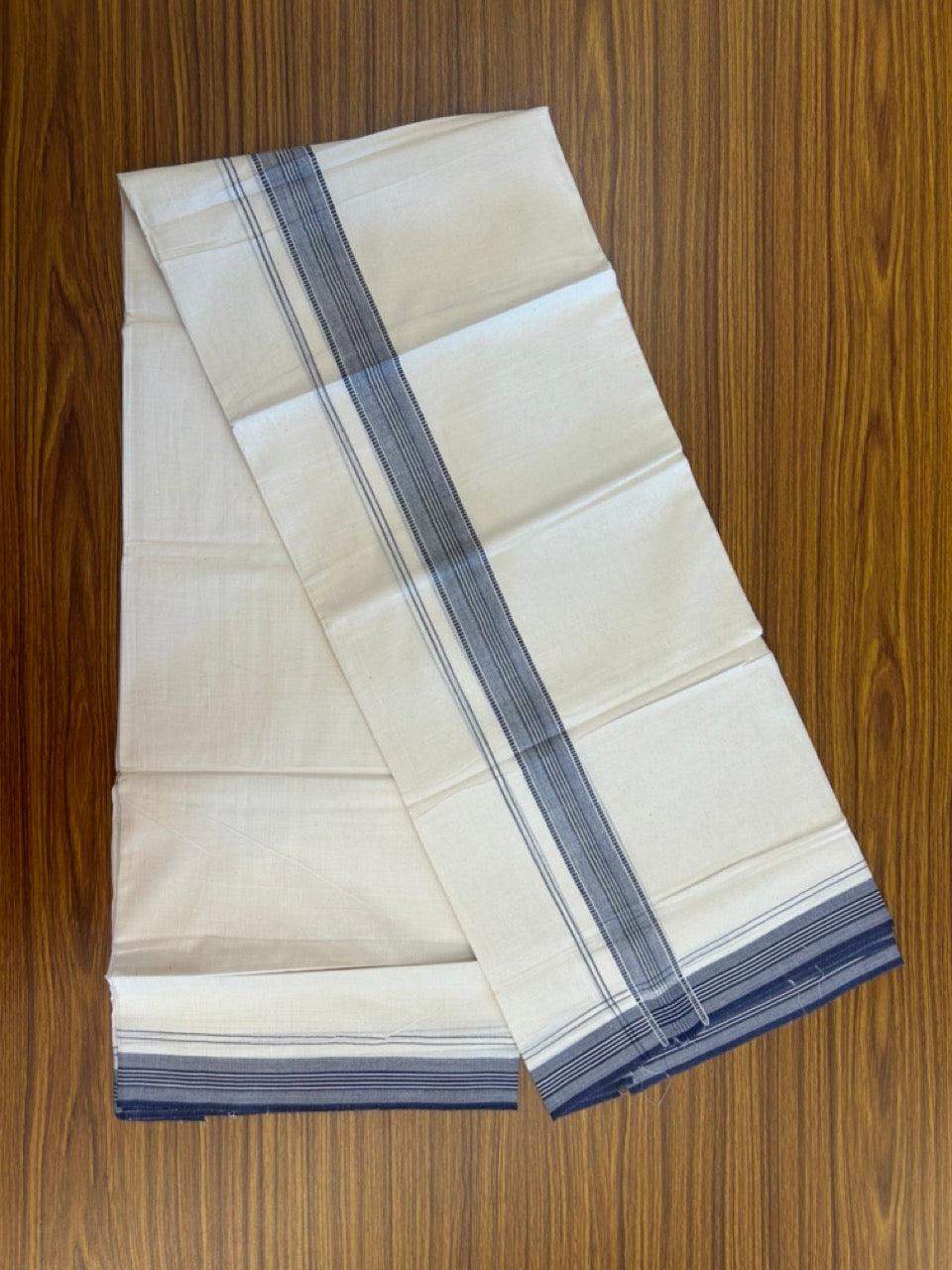 20% Discount! KaithariKada Balaramapuram 100% Cotton Off white Double Mundu/Dhoti - (100x80)S - 1.5 inch Navy Blue Striped Kara - 4mtr (8.5muzham) - 114 KK5255 VAS
