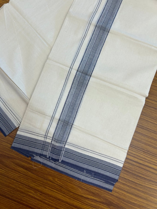20% Discount! KaithariKada Balaramapuram 100% Cotton Off white Double Mundu/Dhoti - (100x80)S - 1.5 inch Navy Blue Striped Kara - 4mtr (8.5muzham) - 114 KK5255 VAS