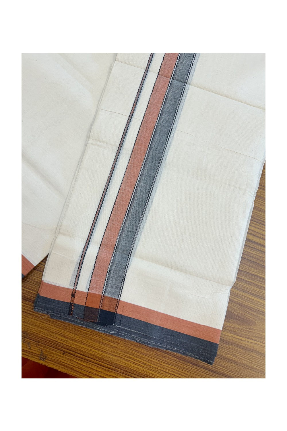 20% DISCOUNT! KaithariKada Balaramapuram 100% Cotton OFF WHITE Double (Unbleached) Mundu/Dhoti-100x80 1.75 inch Dark Orange Brown & Black designer kara 4 mtr (8.5 muzham) - 114KK5220 THI
