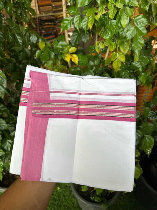 Pure White Double 20% Discount! KaithariKada 100% Cotton Pure Cotton Pure White Double Mundu / Dhoti - 100x80 - 2 inch Pink Black Silver Kasav Stripes Kara 3.80 meter (8 muzham) - 115 KK5220 THI
