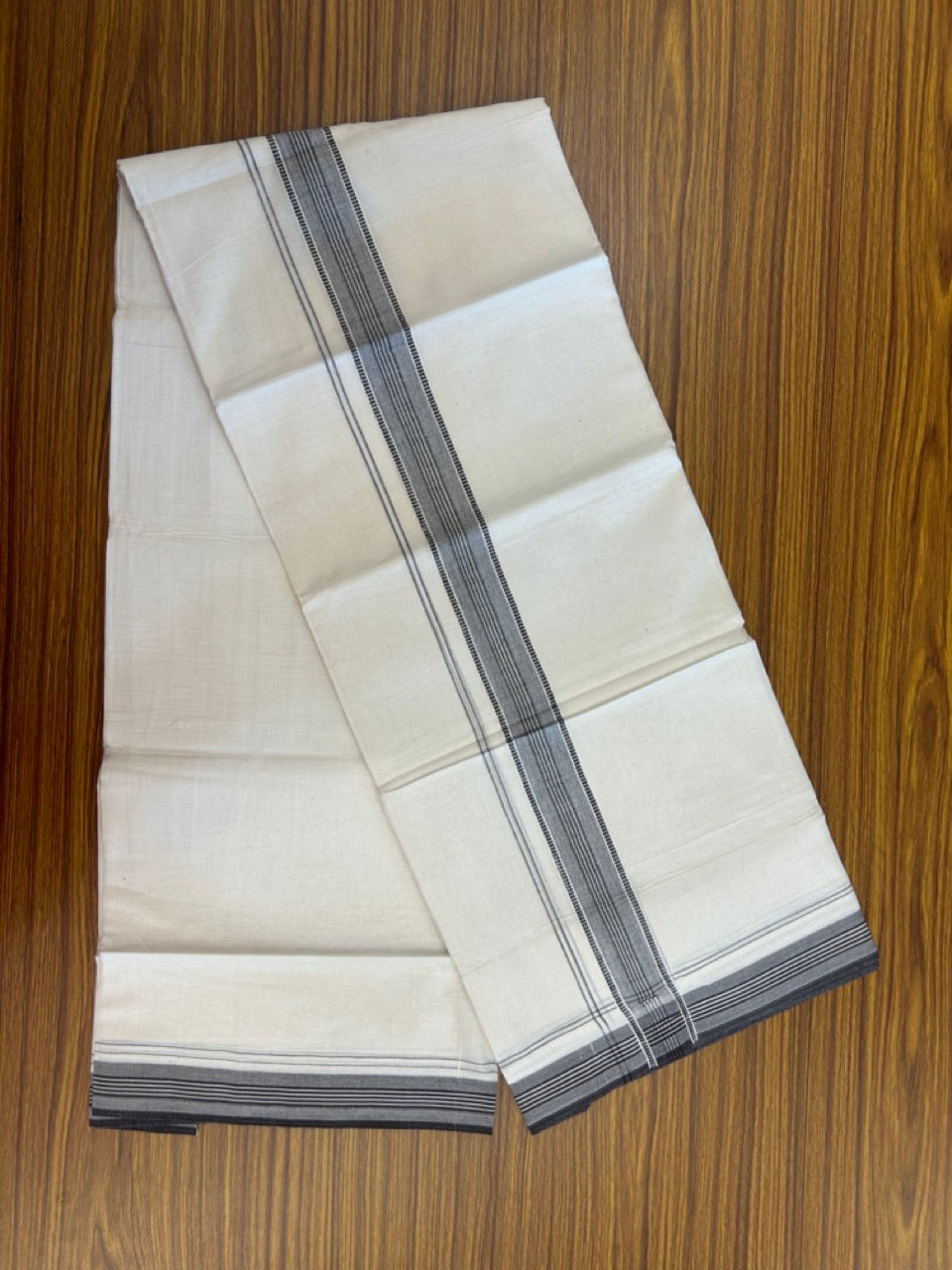 20% Discount! KaithariKada Balaramapuram 100% Cotton Off white Double Mundu/Dhoti - (100x80)S - 1.5 inch Black Striped Kara - 4mtr (8.5muzham) - 115 KK5255 VAS